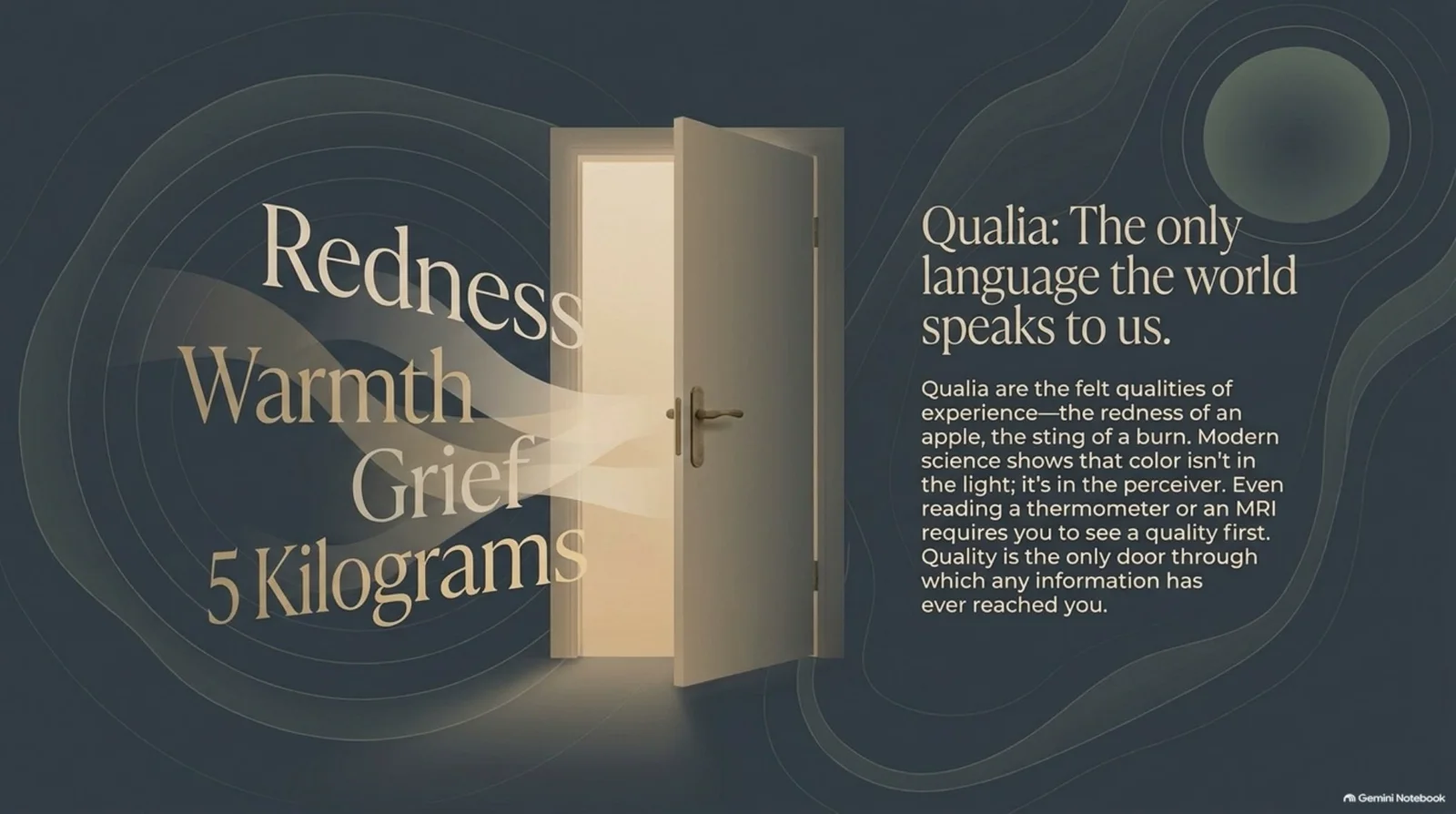 Diagram titled Qualia. Taste, smell, sight, hearing, and touch pass through the mind and become concepts.
