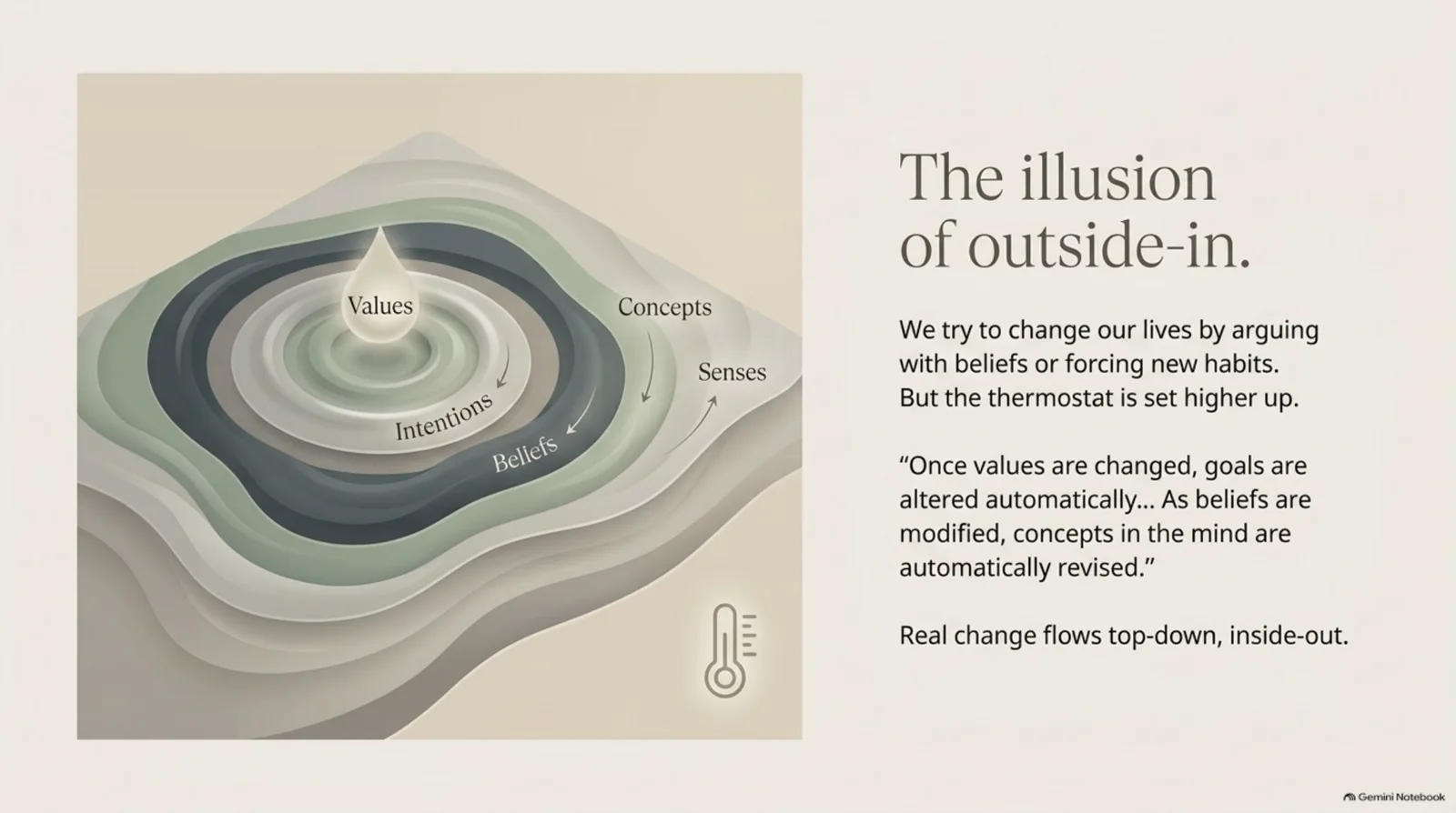 Diagram showing change flowing downward from the moral sense through ego, intellect, and mind to the senses, rather than from the outside in.